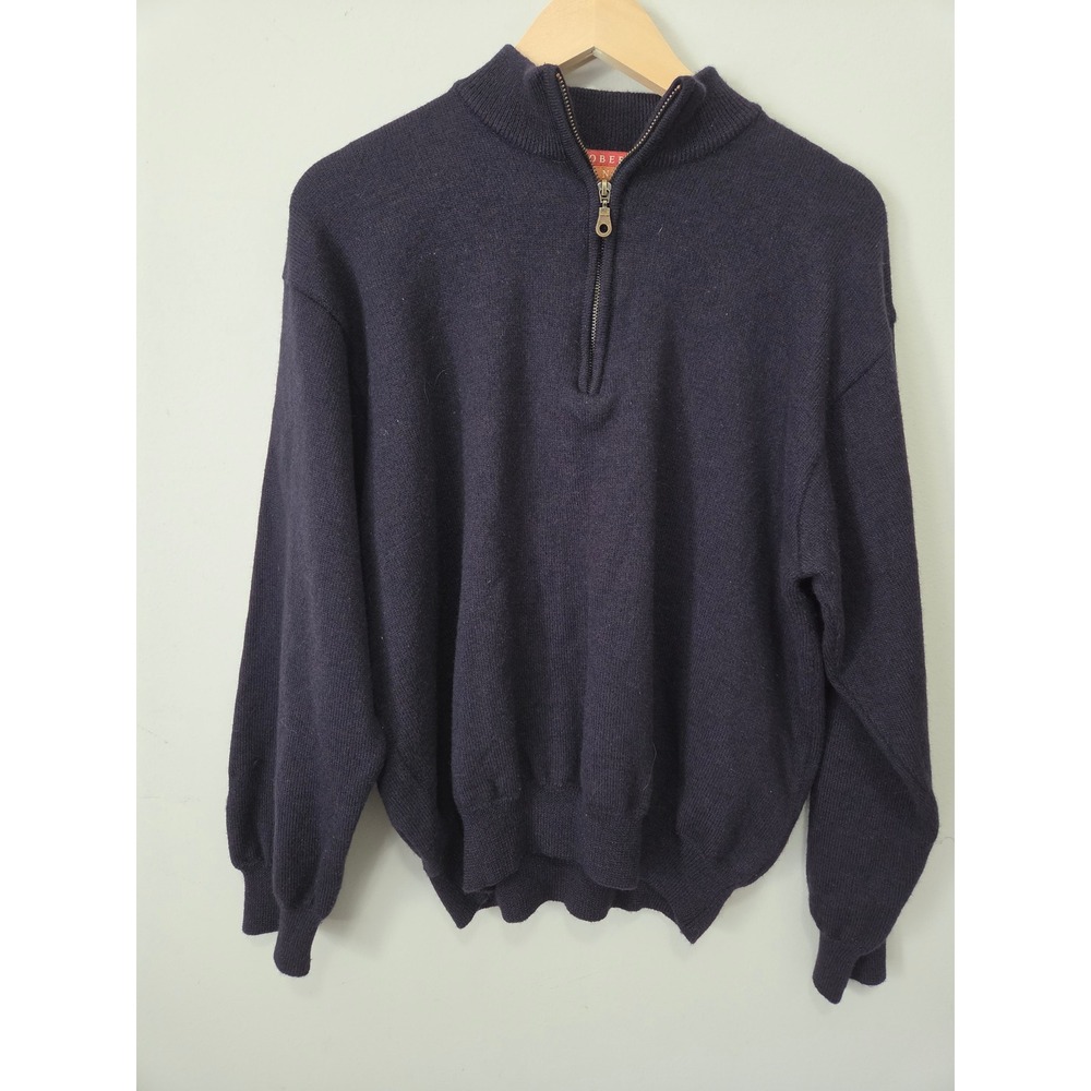 Robert Banks Mens Large 100% Merino Wool Quarter Zip Sweater Navy Purple Uruguay